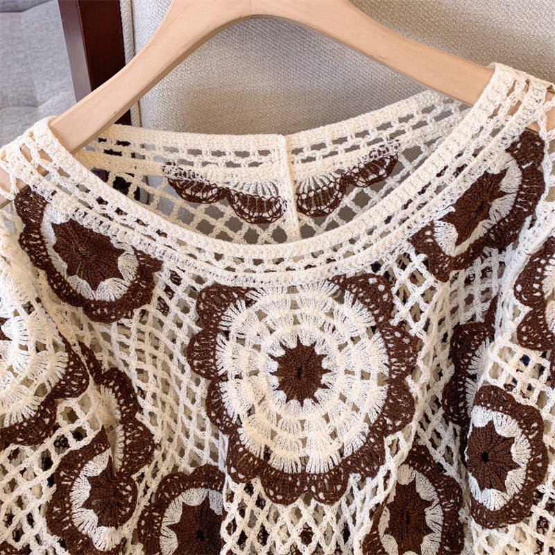 Women's Crochet Lace Yoke Sweater, Geometric Pattern Long Sleeve Pullover With Eyelet Embroidered Trim