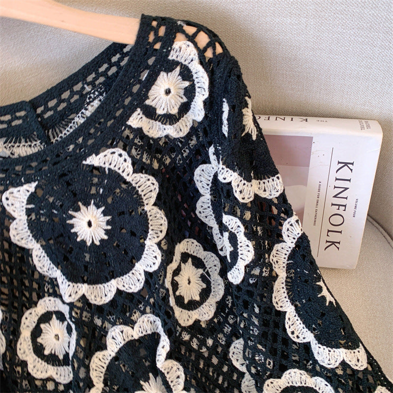 Women's Crochet Lace Yoke Sweater, Geometric Pattern Long Sleeve Pullover With Eyelet Embroidered Trim