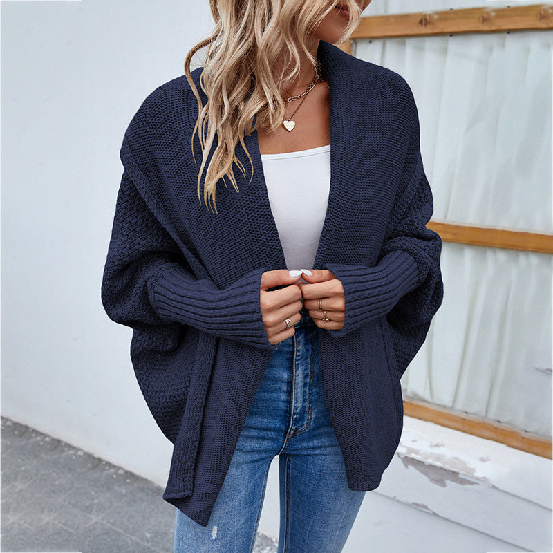 Veste Tricot Femme à Manches Chauve-Souris - Pull Ouvert Automne-Hiver avec Revers Larges