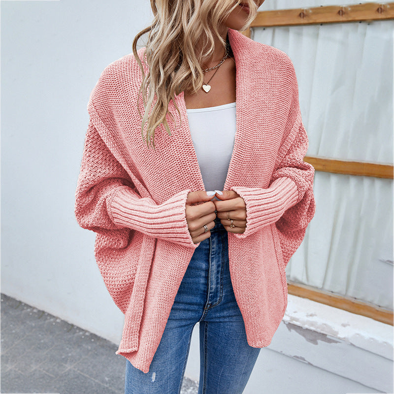 Veste Tricot Femme à Manches Chauve-Souris - Pull Ouvert Automne-Hiver avec Revers Larges