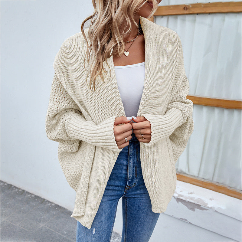 Veste Tricot Femme à Manches Chauve-Souris - Pull Ouvert Automne-Hiver avec Revers Larges