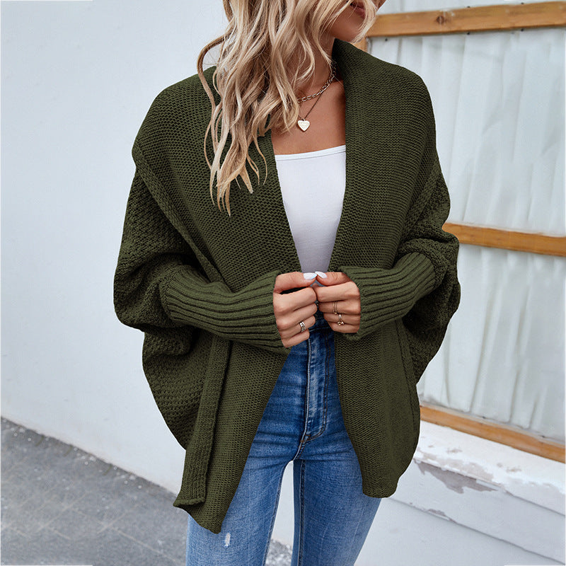 Veste Tricot Femme à Manches Chauve-Souris - Pull Ouvert Automne-Hiver avec Revers Larges