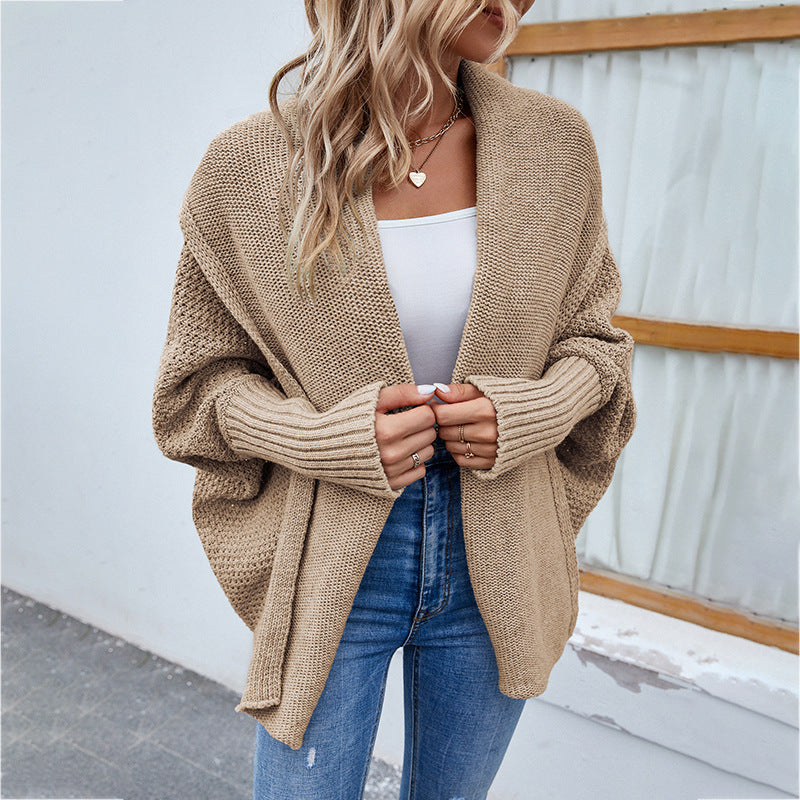 Veste Tricot Femme à Manches Chauve-Souris - Pull Ouvert Automne-Hiver avec Revers Larges
