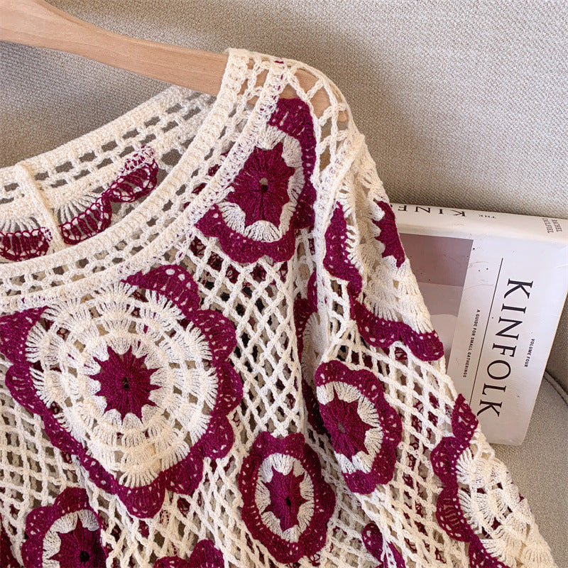 Women's Crochet Lace Yoke Sweater, Geometric Pattern Long Sleeve Pullover With Eyelet Embroidered Trim
