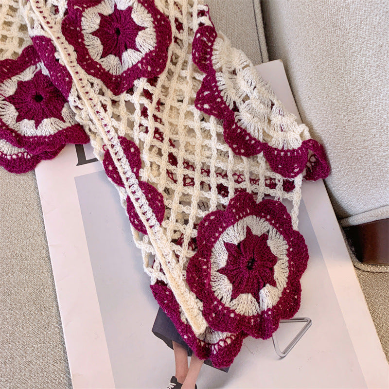 Women's Crochet Lace Yoke Sweater, Geometric Pattern Long Sleeve Pullover With Eyelet Embroidered Trim