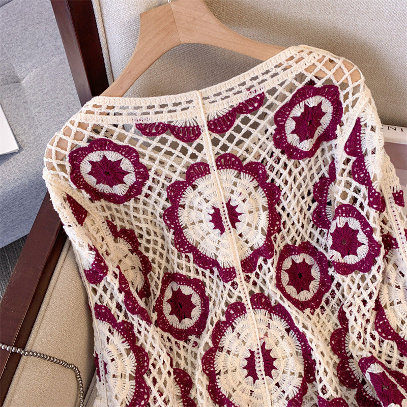 Women's Crochet Lace Yoke Sweater, Geometric Pattern Long Sleeve Pullover With Eyelet Embroidered Trim