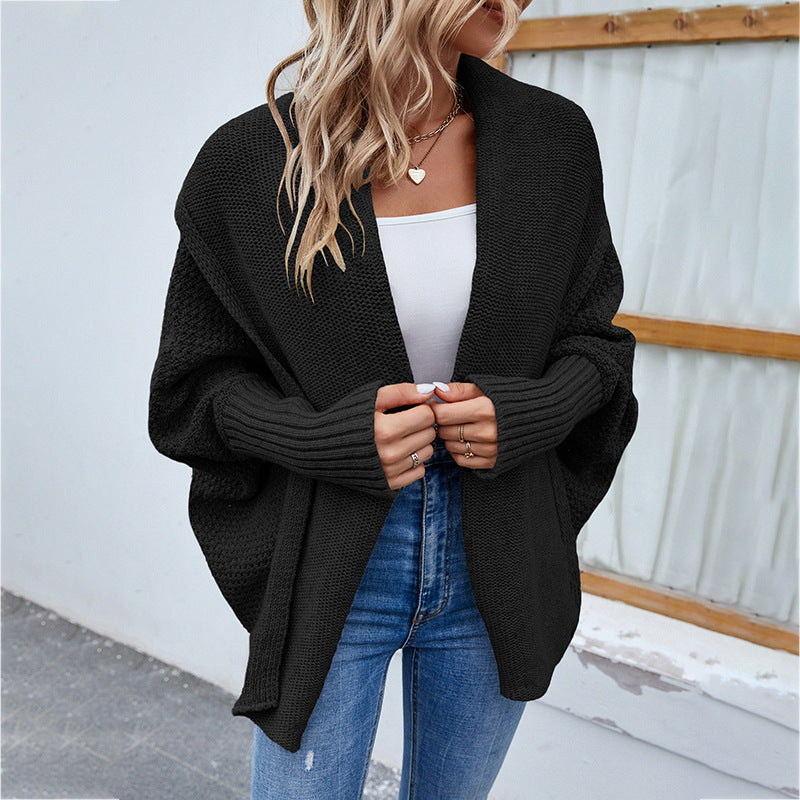Veste Tricot Femme à Manches Chauve-Souris - Pull Ouvert Automne-Hiver avec Revers Larges