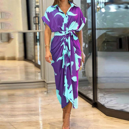 Robe chemisier taille haute à manches courtes et revers imprimés