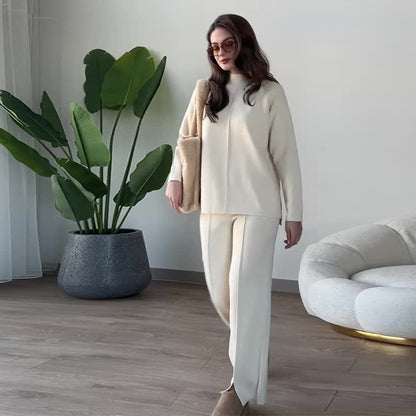 Ensemble en Tricot Décontracté Femme – Pull & Pantalon Évasé