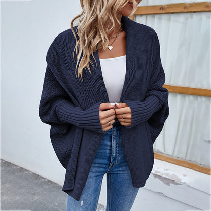 Veste Tricot Femme à Manches Chauve-Souris - Pull Ouvert Automne-Hiver avec Revers Larges