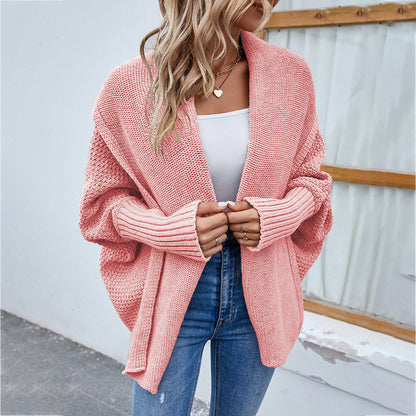 Veste Tricot Femme à Manches Chauve-Souris - Pull Ouvert Automne-Hiver avec Revers Larges