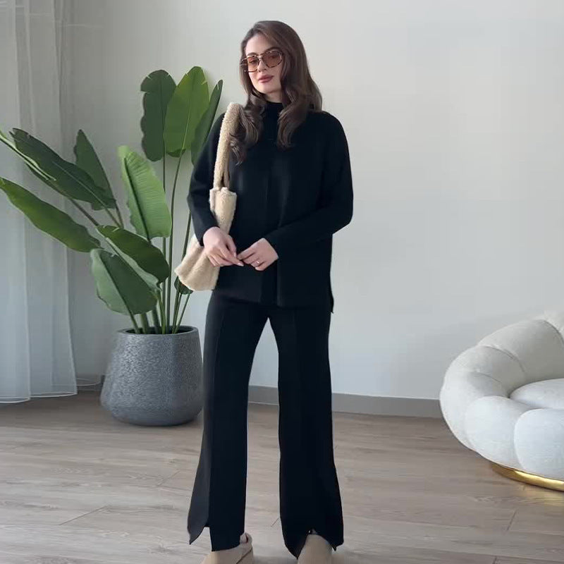 Ensemble en Tricot Décontracté Femme – Pull & Pantalon Évasé