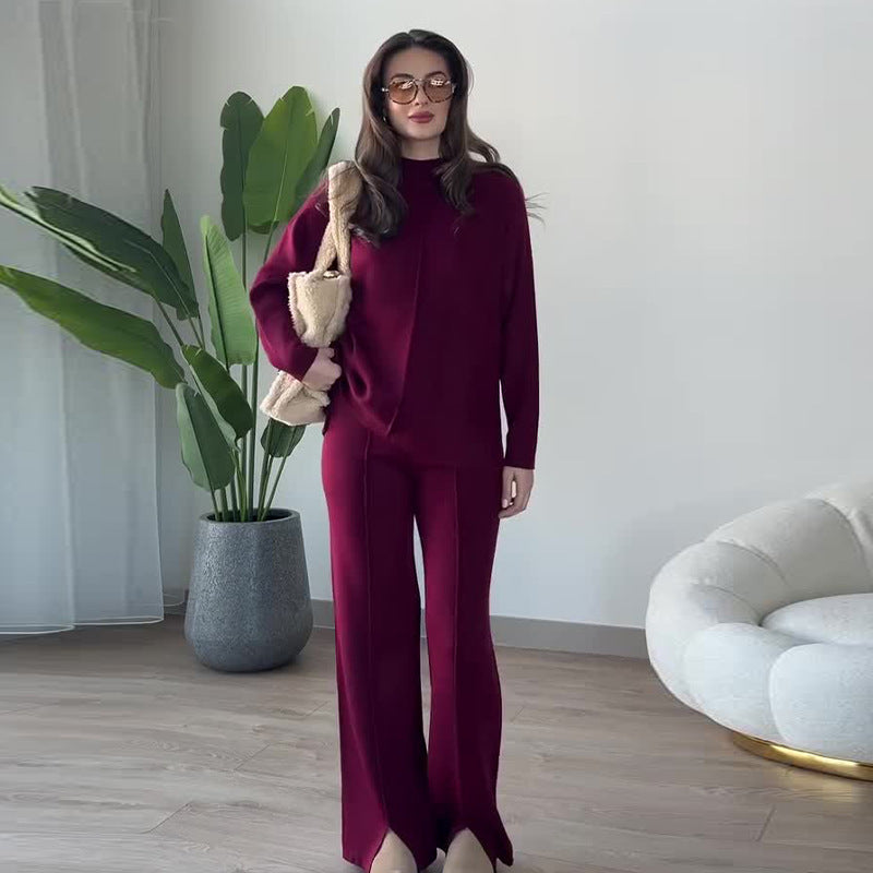 Ensemble en Tricot Décontracté Femme – Pull & Pantalon Évasé