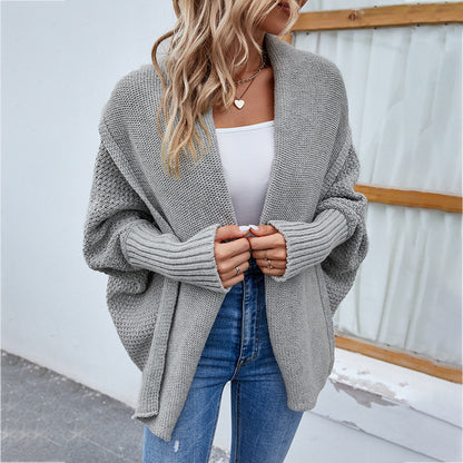 Veste Tricot Femme à Manches Chauve-Souris - Pull Ouvert Automne-Hiver avec Revers Larges