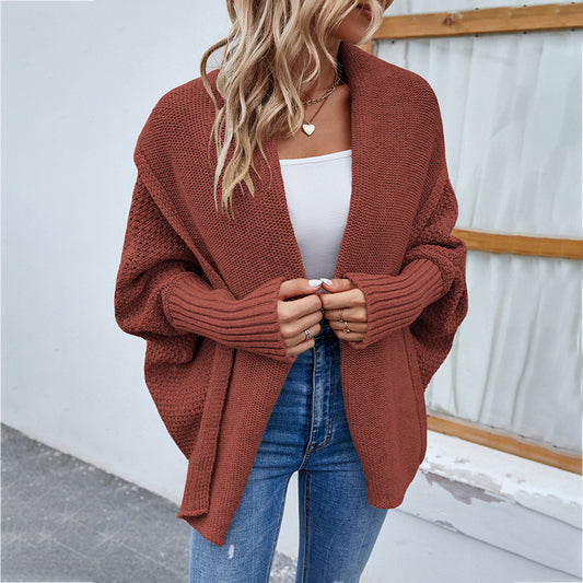 Veste Tricot Femme à Manches Chauve-Souris - Pull Ouvert Automne-Hiver avec Revers Larges