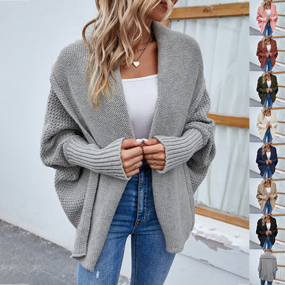 Veste Tricot Femme à Manches Chauve-Souris - Pull Ouvert Automne-Hiver avec Revers Larges