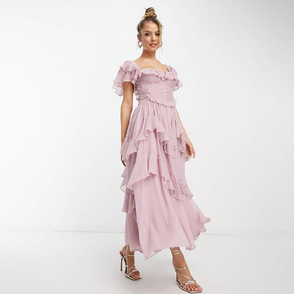 Holiday Ruffles Lotus Leaf Pleated Dress
